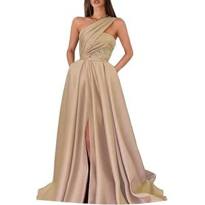Elegante Satijnen Een Schouder Galajurken voor Vrouwen 2023 Kant Applicaties A-lijn Formele Avondjurken met Zakken, Champagne, 46 grote maten