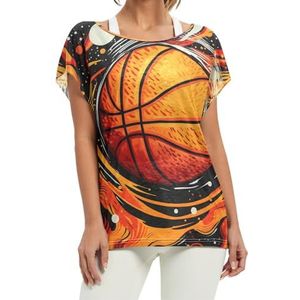 Cool Yellow Basketbal Aquarel Kunstwerk Vrouwen Korte Batwing Mouw Shirt Ronde Hals T-shirts Losse Tops voor Meisjes, Patroon, XL