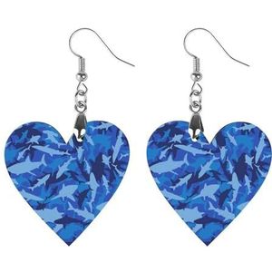 Blauwe Camo Haai Leuke Hartvormige Hanger Oorbellen Voor Vrouwen Lichtgewicht Houten Oorbellen Mode-sieraden Geschenken
