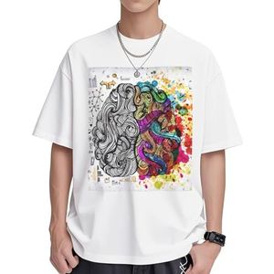 Linker- en rechterhersenhelft voordeel print dames katoenen T-shirts casual korte mouwen tuniek tops ronde hals zomer basic losse pasvorm T-shirt, Wit, S