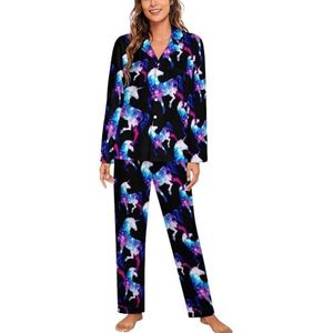 Rainbow Galaxy Eenhoorn Pyjama Sets met Lange Mouwen voor Vrouwen Klassieke Nachtkleding Nachtkleding Zachte Pjs Lounge Sets