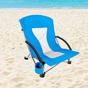 GEIRONV Low Seat strandstoel, reispicknick caravanreizen met gewatteerde armleuningen stoel buiten camping vouwstoel met bekerhouder Fauteuils (Color : Blue)