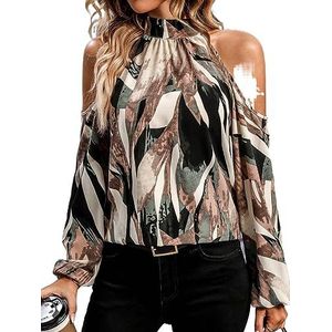 dames topjes Allover print koude schouder blouse met lantaarnmouwen (Color : Multicolore, Size : XL)