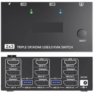 USB 3.0 KVM-switcher 2 ingangen 3 uitgangen 3 monitoren 2 computers Switch-ondersteuning 8K@30Hz 4K@144Hz USB 3.0 Displayport for 2 pc's Delen,Schakelde soepel