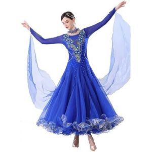 Wals Performance Dansoutfit voor Dames Professionele Ballroom Danswedstrijdjurken Tango Flamenco Kostuums met Strass en Borduurwerk,Blauw,3XL