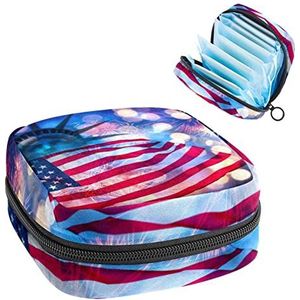 Amerikaanse Onafhankelijkheid Dag Vlag Vrijheidsbeeld,Periode Pouch Draagbaar,Tampon Opbergtas,Tampon Houder voor Portemonnee Vrouwelijke Product Organizer, Meerkleurig, 4.7x6.6x6.6 in/12x17x17 cm