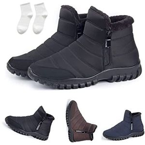 Wintersneeuwlaarzen voor heren, waterdichte katoenen laarzen, met bont gevoerde, warme laarzen met ritssluiting, platte enkelwandelschoenen (zwart, 42EU)