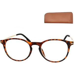 Mini Brille Moderne nerd anti-blauw licht bril leesbril met grote ronde glazen, gratis etui, kunststof frame en metalen beugels, blauw licht filter bril dames en heren, luipaardmotief, 1.0