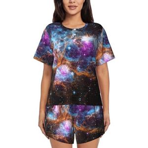 JIAWUJYNB Universe Galaxy Space Print Dames Pyjama Set korte mouwen - Comfortabele korte sets, mouwen nachtkleding met zakken, Zwart, L