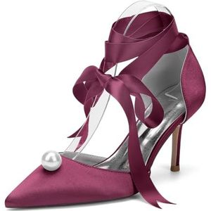 Trouwschoenen Met Gesloten Neus Voor Dames Jurken Met Hoge Hakken Pumps Met Parels Lint Stropdas Zakelijke Bruidsschoenen,Burgundy,35 EU
