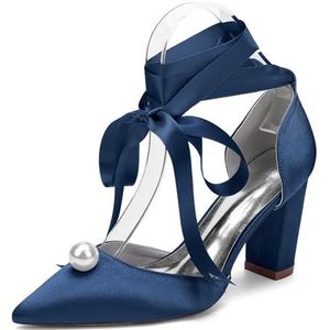EICOFF Dames Parel Blok Hoge Hakken Bruiloft Schoenen Satijnen Puntige Gesloten Hakken Sandalen met Lint Enkelband Feest Bruidsjurk Schoenen,Dark blue,35 EU