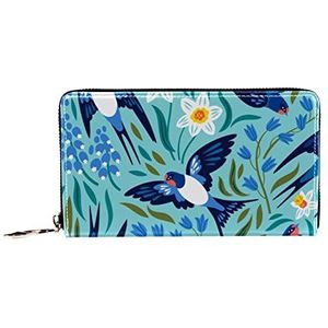 Vrouwen Zip Rond Portemonnee en Telefoon Clutch, Vliegende Zwaluwen en Lente Bloemen, Reistas Lederen Clutch Bag Kaarthouder Organizer Polsbandjes Portefeuilles, Meerkleurig, 8.07x1x4.53 in