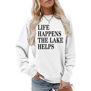 MLZHAN Life Happens The Lake helpt afdrukken vrouwen sweatshirt lange mouw mode sweatshirts ademende losse pasvorm truien, Wit, S