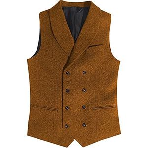 BYLUNTA Classic heren dubbel brood tweed vest Herringbone, vintage, bruiloft, wol, slim fit, retro, oranje, XL