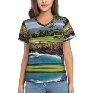 NilaHoroan Hawaii Beach Golf Course Print Dames Zomer Tops Casual V-hals T-shirt Korte Mouwen, Losse Fit Dressy Trui, Zwart, L