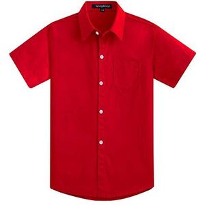 Spring&Gege Effen formele katoenen twill overhemden met korte mouwen voor jongens, Rood, 9-10 jaar