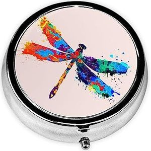 Verf Splash Dragonfly Gedrukt Pil Organizer Pil Doos Pil Case Draagbaar voor Portemonnee Pocket Ronde Metalen Pil Houder Organizer voor Dagelijkse Geneeskunde