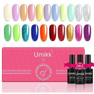 Umikk 24-delige Gel Nagellak Set 21 Kleuren 5 ml met Basis Geen Veeg Top Matte Top Coat 10 ml Losweken UV LED Cure Pastel Beige Roze Geel Paars Blauw Groen Glitter voor Manicure