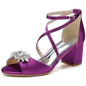 HFWXYSA Damessandaal met hak, blokhak, bruidsschoenen, enkelriem, peeptoe, bruiloftsschoenen met strass, lila, 42