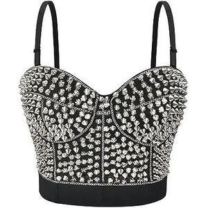 Zilveren Klinknagels Spaghettibandjes Gothic Push Up BH Steampunk Bralette Crop Top voor Vrouwen Rave Rok Nachtclub Bar Bustehouder Femme-Zwart-XL