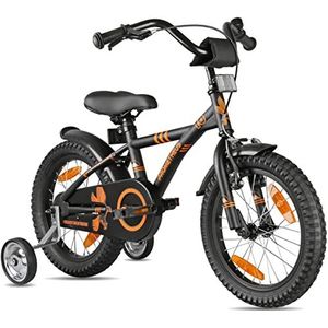 PROMETHEUS BICYCLES kinderfiets 16 inch fiets jongens meisjes van 5 jaar oude met zijwieltjes terugtraprem in zwart mat oranje BMX