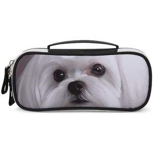 DWTJKMS Mooie Maltese Hond Lederen Make-up Tas Draagbare Kleine Cosmetische Organizer Waterdichte Toilettas Borstels Potloden En Reizen Make Up Accessoires