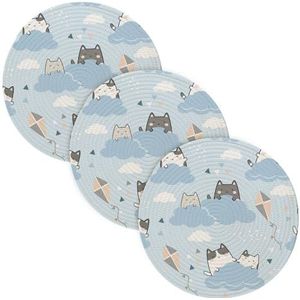 3 Stks Keuken Trivet Kawaii Leuke Katten Cartoon Dieren Blauw voor Hot Potten en Pannen 15 inch Katoen Draad Weave Absorberen Water Koken Pad voor Koken Pot Camper Must Haves