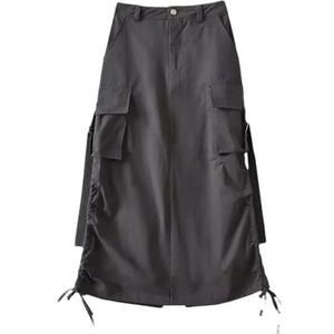 Hcclijo Dames zomer herfst losse ontwerp lage taille grote zak riem rokken stijlvolle lange rokken, Diep grijs, M
