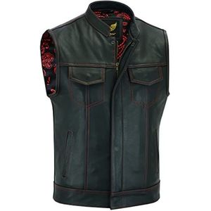 Leatherick Groove Club Zwart leren vest voor heren, traditionele paisley-satijnen voering, Rood genaaid, 48