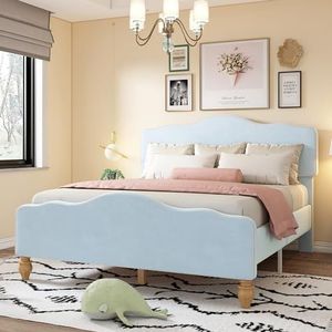 Aunvla Modern design gestoffeerd bed in Europese stijl, volwassenenbed, jeugdbed, met golvende hoofd- en voeteneinde, tweepersoonsbed met houten lattenbodem, fluweel, blauw (140x200 cm)