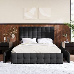 VSOGA Gestoffeerd bed met 4 laden, tweepersoonsbed met lattenbodem, in hoogte verstelbaar hoofdeinde, linnen materiaal (140 x 200 cm, zwart)