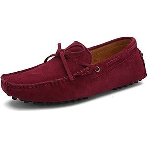 Loafers for heren Bootschoenen Echt leer Stiksels Details Ronde neus Suede Vamp Lichtgewicht Comfortabel Antislip Casual instappers(Wine Red,46.5 EU)