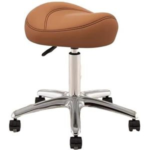 FXLUHAY Zadelstoel in hoogte verstelbaar voor mondhygiënist en kunstenaars, rolkruk met 360 ° draaibare metalen salonzitting, PU-wiel (bruin)