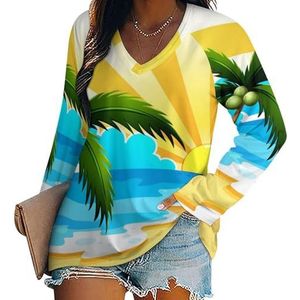 Coconut Tree Beach T-shirts voor dames, lange mouwen, V-hals, herfst, tops, trui, tuniek, T-shirt voor leggings