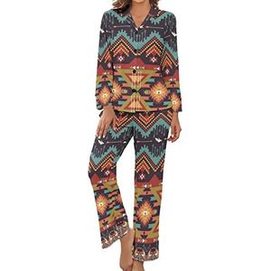 Azteekse pyjama voor dames met tribe print, loungeset met lange mouwen, comfortabele nachtkleding, met knopen, XL