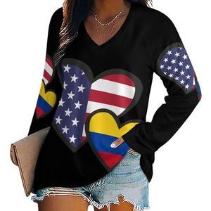 Interlocking Hearts Amerikaanse Colombia vlag dames V-hals shirt lange mouwen tops casual losse pasvorm blouses