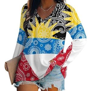 Antigua en Barbuda Paisley vlag vrouwen casual lange mouw T-shirts V-hals gedrukte grafische blouses tee tops 3XL