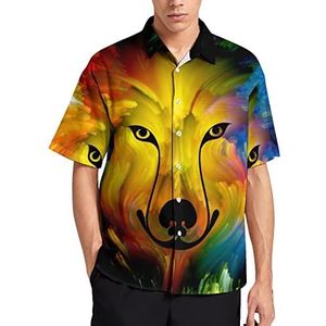 Kleurrijk wolfshirt met print voor heren, regular fit T-shirts met korte mouwen, Hawaiiaanse tops met knopen XL