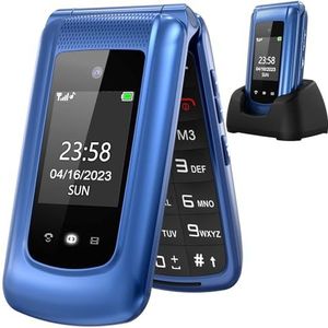 uleway Simlockvrije seniorenmobiele telefoon klapmobiele telefoon zonder abonnement, GSM grote toetsen mobiele telefoon SOS noodoproepfunctie, zaklamp, FM-radio, 2,4 inch dual display eenvoudige mobiele telefoon voor senioren (blauw met laadstation)