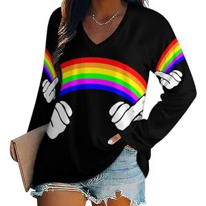 Fuck Gay Pride LGBT Rainbow Dames V-hals Shirt Lange Mouw Tops Casual Losse Fit Blouses