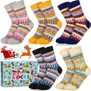 NLMWTI Wollen sokken, 5 paar, thermische sokken, dames, geschenken voor vrouwen, Kerstmis, wollen sokken, warme sokken, kleurrijke dikke thermische sokken, gebreide wintersokken voor volwassenen,