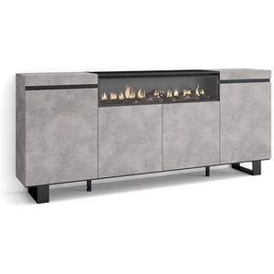 Skraut Home Dressoir voor woonkamer, grote inhoud, 200 x 87 x 35 cm, 4 deuren, elektrische open haard, industrieel design, moderne stijl, cement