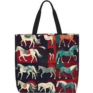 SSIMOO Hondenpoot patroon stijlvolle rits boodschappentassen, schoudertas, de perfecte mix van stijl en gemak, Verschillende soorten paarden, Eén maat
