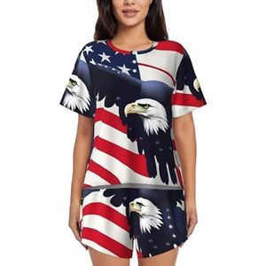 Amerikaanse vlag Fly Eagle 1 damespyjama met ronde hals en korte mouwen, stijlvolle comfortabele shorts met korte mouwen, Zwart, M