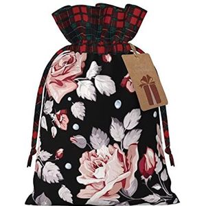 LAMAME Roze bloem gedrukt Kerst Drawstring Bag Candy Bag Feestelijke Party Gift Bag