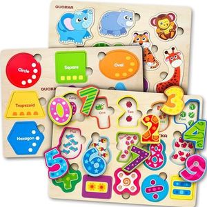 QUOKKA Speelgoed Van 1 2 3 Jaar - Montessori Houten Puzzelspellen Voor Kinderen Vanaf 4 Jaar - Cadeau Kinderspeelgoed Voor Meisjes En Jongens - Educatieve Spellen Puzzel Met Cijfers Dieren Vormen