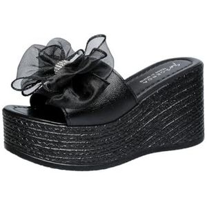 Vrouwen Espadrille Sleehak Sandalen Platform Open Teen Hoge Hakken Sandalen Slippers Zomer Peep Toe Slippers Vrijetijdsstrandschoenen (Color : Black-2, Size : 36)