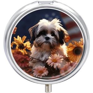 Shih Tzu Pillendoosje voor honden en bloemen, waterdicht, draagbaar, medicijnetui, vochtbestendig, metalen pillendoosje met 3 compartimenten