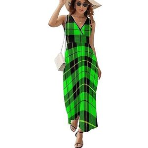 Groene geruite casual maxi-jurk voor dames V-hals zomerjurk mouwloze strandjurk L