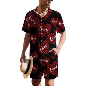 Buffalo Plaid Heart Love Hawaiiaanse pak voor heren, 2-delige strandoutfit, shirt en korte broek, bijpassende set